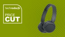 Sony WH-CH520 wireless headphones in black on green background with price cut sign