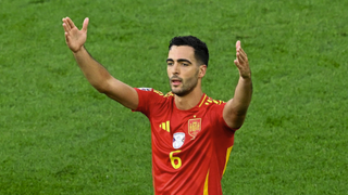 Mikel Merino of Spain celebrates scoring his team's second goal ahead of the Spain vs France live stream for the Euro 2024 semi-final.